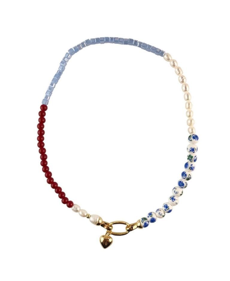 Natural freshwater pearls, brass pendant, ceramis, glass beads, garnet stone